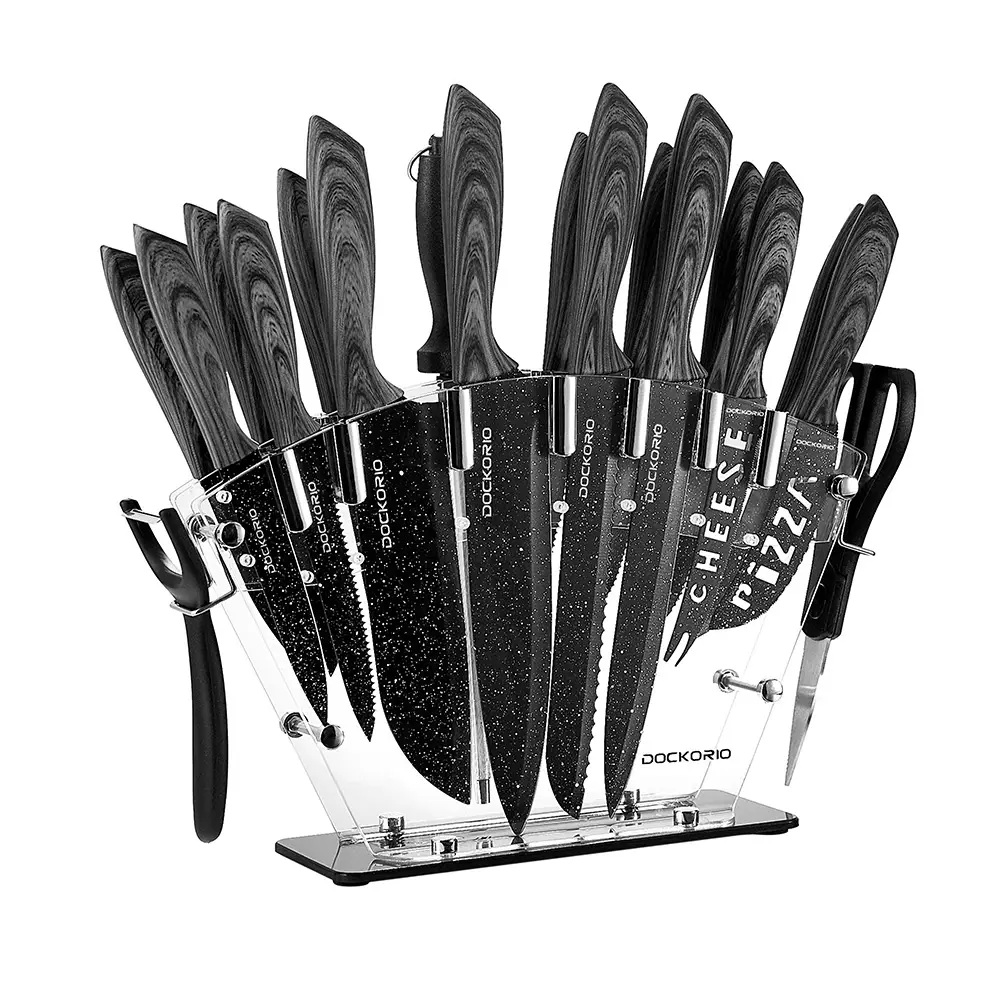 Kitchen Knife Set with Block, 19 PCS High Carbon Stainless Steel Sharp Serrated Steak Knives Set, Chef Knives, Bread Knife, Scissor, Sharpener,