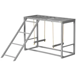 Wooden Chicken Activity Playground Toy with Swing Set, Multiple Perches & Hen Ladder, Gray Poultry Coop Accessory for 3-4 Birds, Indoor Hen House & Outdoor Backyard Run Socialization & Exercise