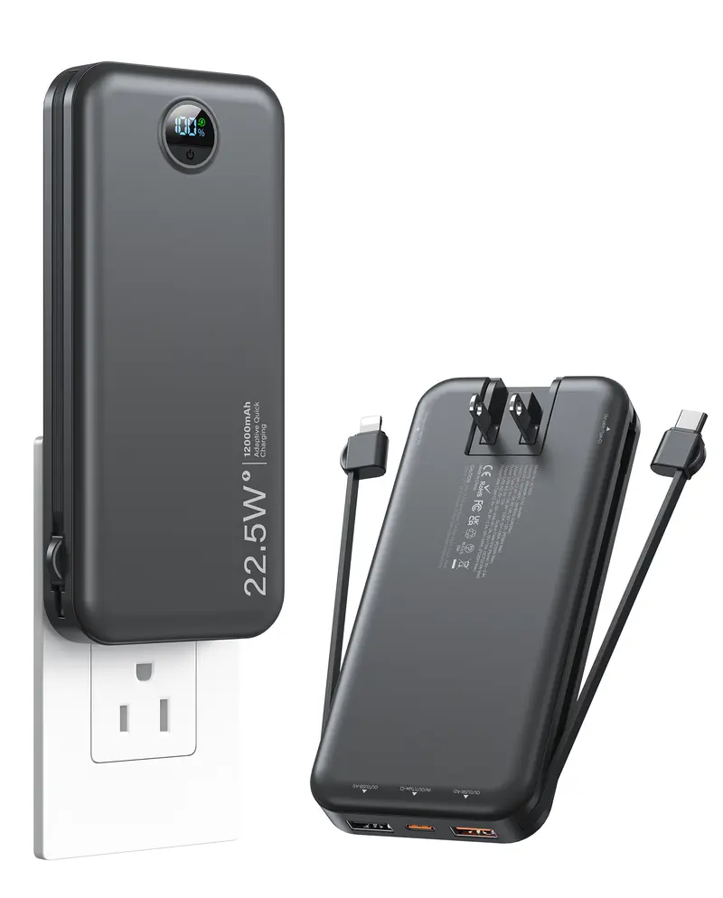 citicr-Built-in 2 cable battery pack -12000mAh/20000mAh power bank with plug, LED digital display light portable charger, SCP22.5W PD20W fast charging, suitable for iPhone16/15/14,Galaxy and other electronic devices.