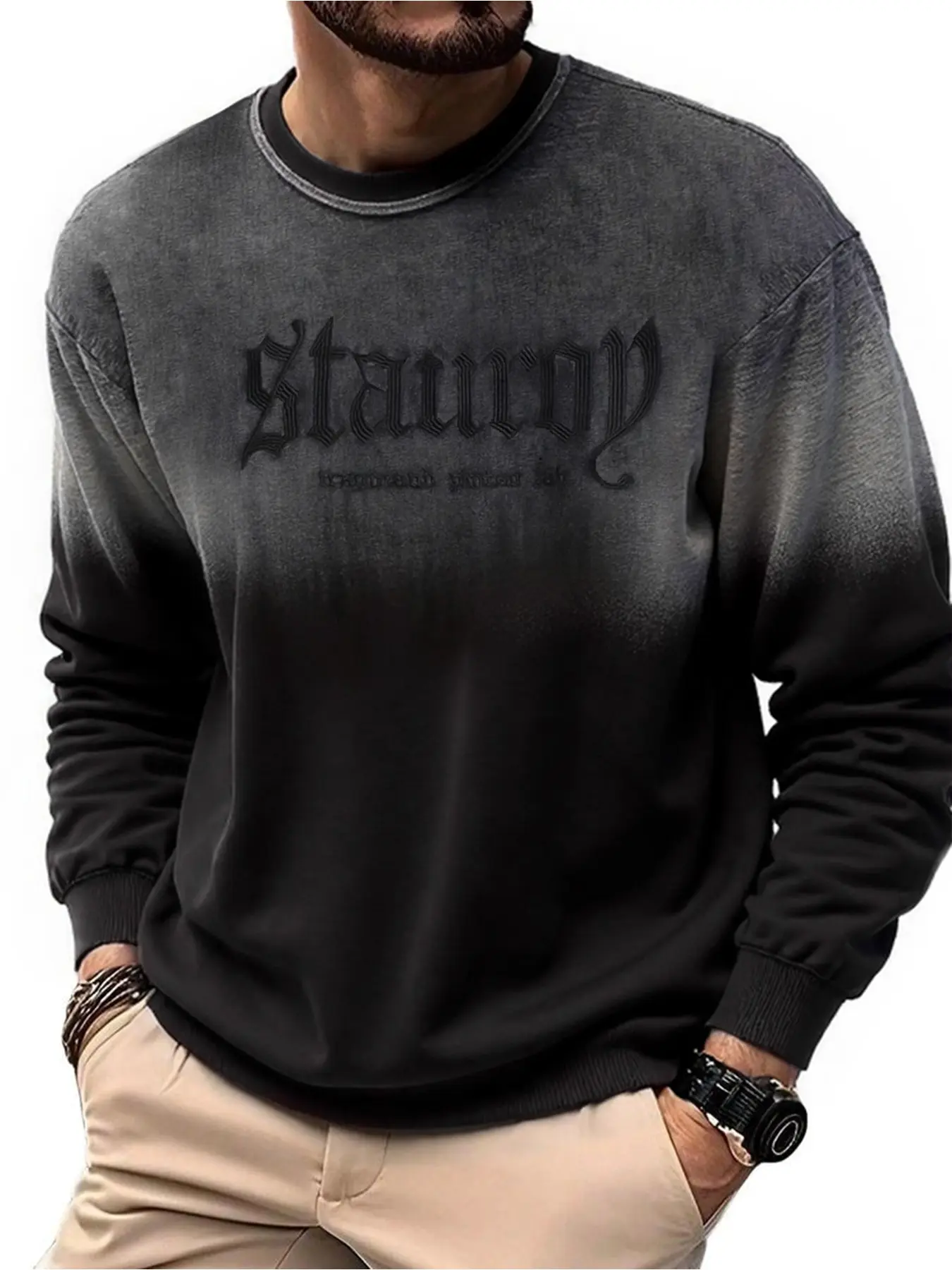 Men's Fall Winter Tie Dye Gradient Letter Embroidered Sweatshirt Pullover Crewneck, Casual Fashion Round Neck Long Sleeve Top, Trendy Streetwear Menswear