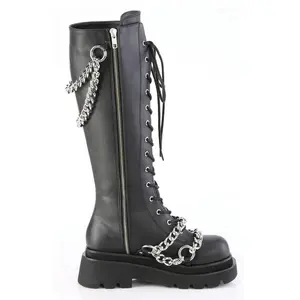 Women's Gothic Knee High Platform Combat Boots Lace Up Chunky Heel Motorcycle Boots with Chain Stylish