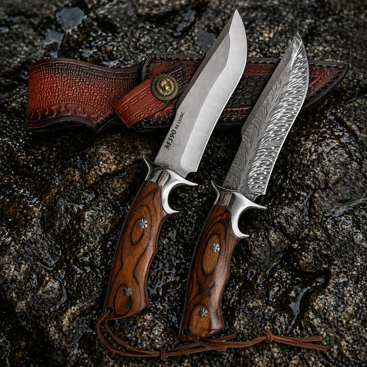 M390 Stainless Steel Wood Handle Classic Camping Knife Set with Leather Sheath, Portable Kitchen Knife for Home Cooking, Dining Room Use, Gift Presentation, Kitchen Prep, Leather Sheath Included, 1 × Leather Sheath, Premium Look For Men’s Gifting