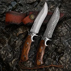 M390 Stainless Steel Wood Handle Camping Knife Set with Leather Sheath, Portable Outdoor Kitchen Knife for BBQ, Patio Cooking, Meat, Vegetables and Fruits,summervibes