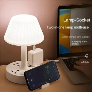 Multi-functional Conversion Socket Table Lamp Dual USB Ports Three Outlet Portable Phone Holder Dimmable Warm White Lighting Modes Adjustable Indoor Lighting