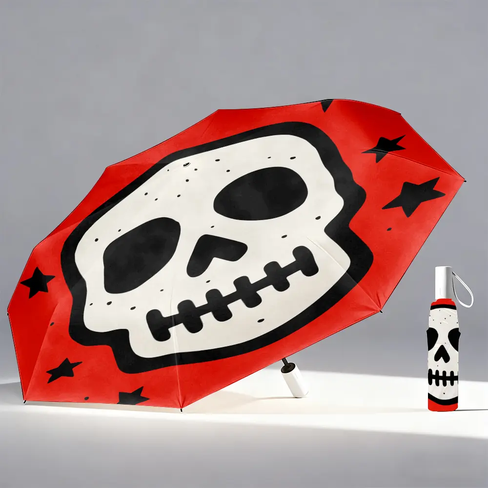 1-piece Skull Party Auto Open/Close Umbrella – Portable Folding Travel Umbrella with 8-Rib Durable Fabric, Red and Black Skull Design, Perfect for Themed Events, Festivals, and Outdoor Activities