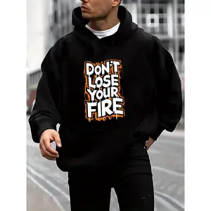 Don't Lose Your Fire Print, Men's Warm Plush Round Neck Hoodies With Kangaroo Pocket & Drawstring, Stylish Versatile Long Sleeve, Hooded Sweatshirt, Loose Casual Top For Autumn Winter Men's Clothing As Holiday Gifts