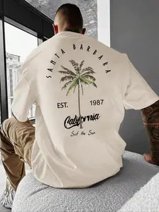 Unisex's Letter & Palm Tree Print Drop Shoulder Tee, Regular Fit Long Casual Comfy Round Neck Half Sleeve T-Shirt for Summer, Fashion Unisex's Top for Daily Wear