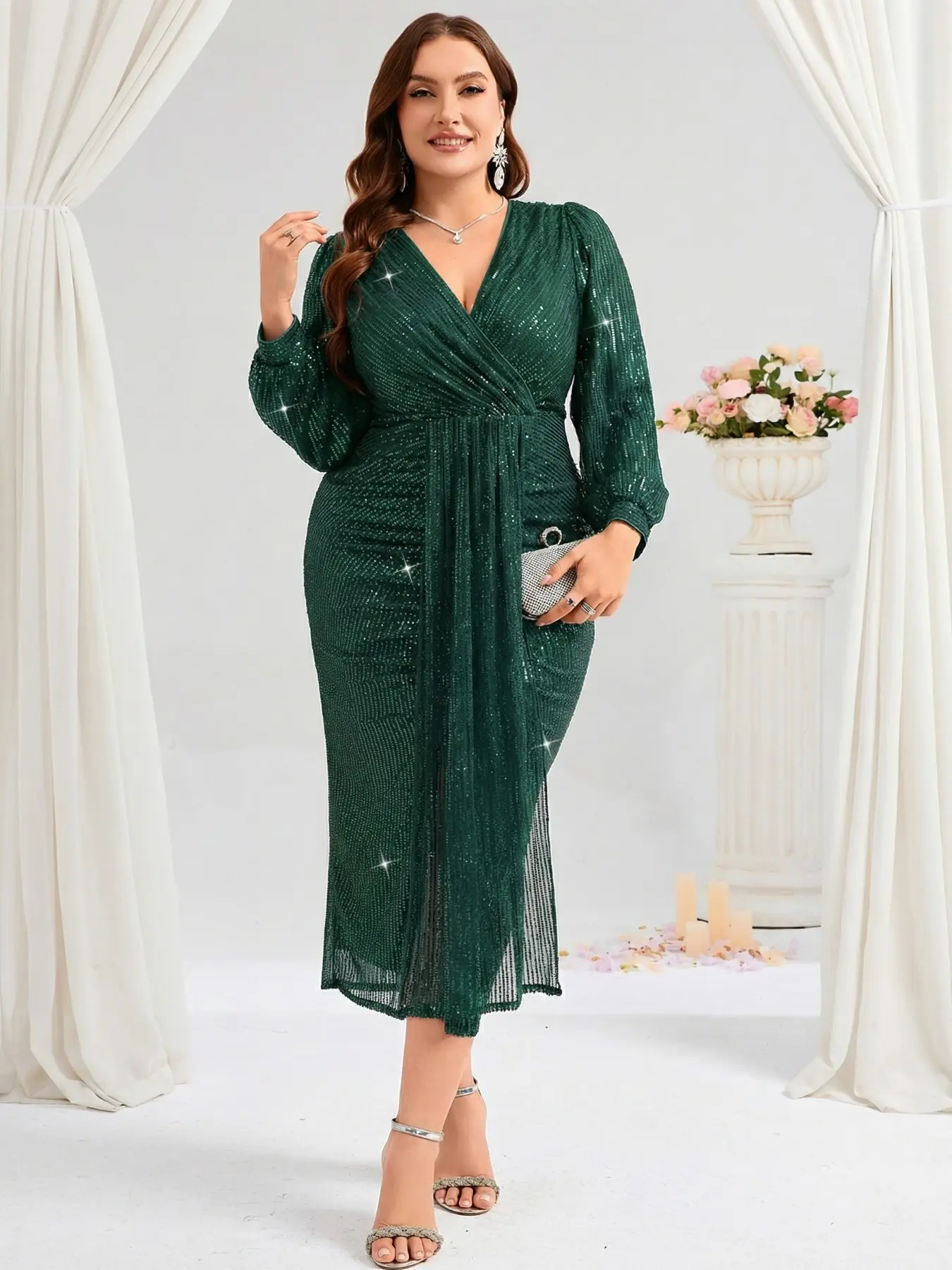 Women's Plus Size Beaded Sequin Dress Long Sleeve V Neck Evening Gown,  Sparkling Party Prom Dress, Elegant Ballroom Wear - TikTok Shop