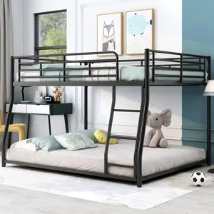 Metal Floor Bunk Bed, Full XL over Queen, BlackSturdy and Durable​