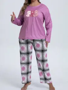 Women's Plus Size Cartoon Animal Print Pajama Set, Casual Loose Fit Homewear Loungewear, Long Sleeve Long Pants, Fall Winter New Arrival, Pjs, Womenswear, Pyjamas, Nightwear