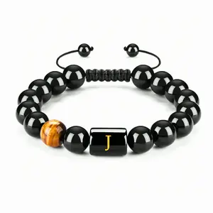 1 Personalized Men's Initial Woven Bracelet – Natural Black Onyx and Tiger Eye Beads, Adjustable Handmade Rope, Meaningful Gift for Him, Protective and Energy Jewelry for Birthday, Anniversary or Everyday Wear