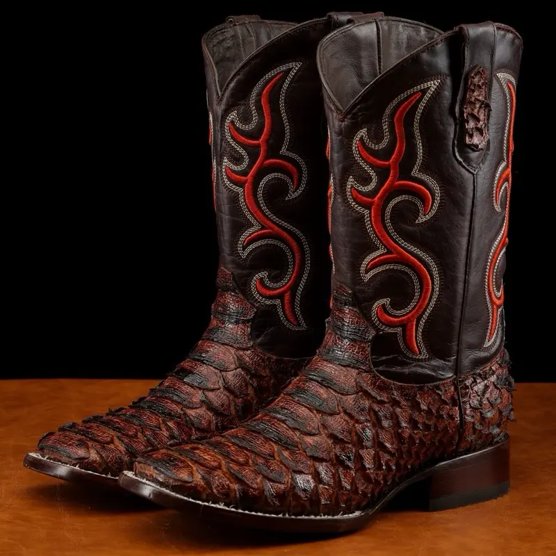Cognac Jumbo Python Print Leather Boots - Square Toe
