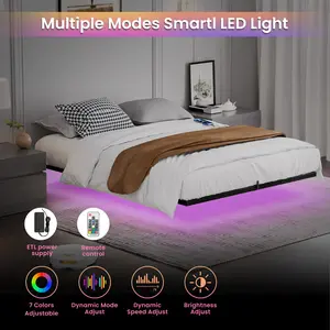 Floating Bed Frame with LED Lights & Charging Station, Modern Metal Platform Bed (King/Queen size)