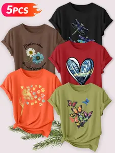 5Pcs Women's Crew Neck T-Shirts, Daisy & Van Gogh Style Heart & Butterfly Print Set, Multiple Colors Available, Machine Washable, Spring & Summer Tops, Soft Skin-Friendly Fabric, Daily Versatile, Fashion Design