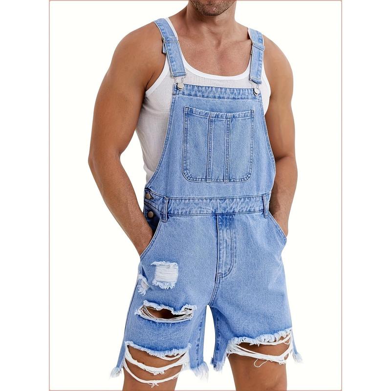 Runcati Men's denim shorts bib overall jean romper, offering a casual loose fit with buttoned pockets, perfect for summer wear as a comfortable and stylish jumpsuit.