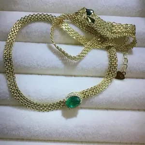 <PingEast Jewelry>Emerald necklace--925 Sterling Silver Gold-Tone Wide Weave Cuban Chain Necklace featuring a single 2ct emerald-cut natural strong-fluorescence eye-clean Colombian emerald. Simple, elegant, and delicately refined — a timeless piece that p
