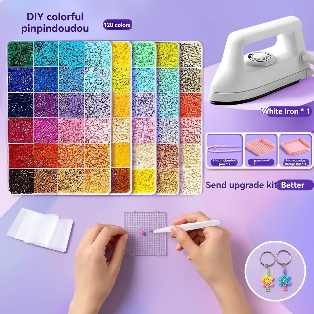 Newly Upgraded 2.6mm Plastic Fuse Beads Set - 48/72/96/120-Color 3D Pixel Puzzle Beads Kit with Pegboard, Ironing Paper, Large White Iron & Tweezers for DIY Jewelry Making, Keychains
