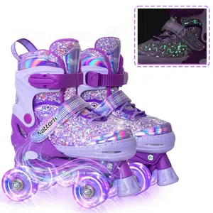 Nattork Kids Starry Quad Roller Skates - 4-Size Adjustable, Roll-Activated Light-Up Wheels, Triple Safety Protection, Stable Beginner Balance Trainer, Indoor-Outdoor Sports Toy for Ages 3-12 (Women's Roller Skates for Sports & Outdoor Use)