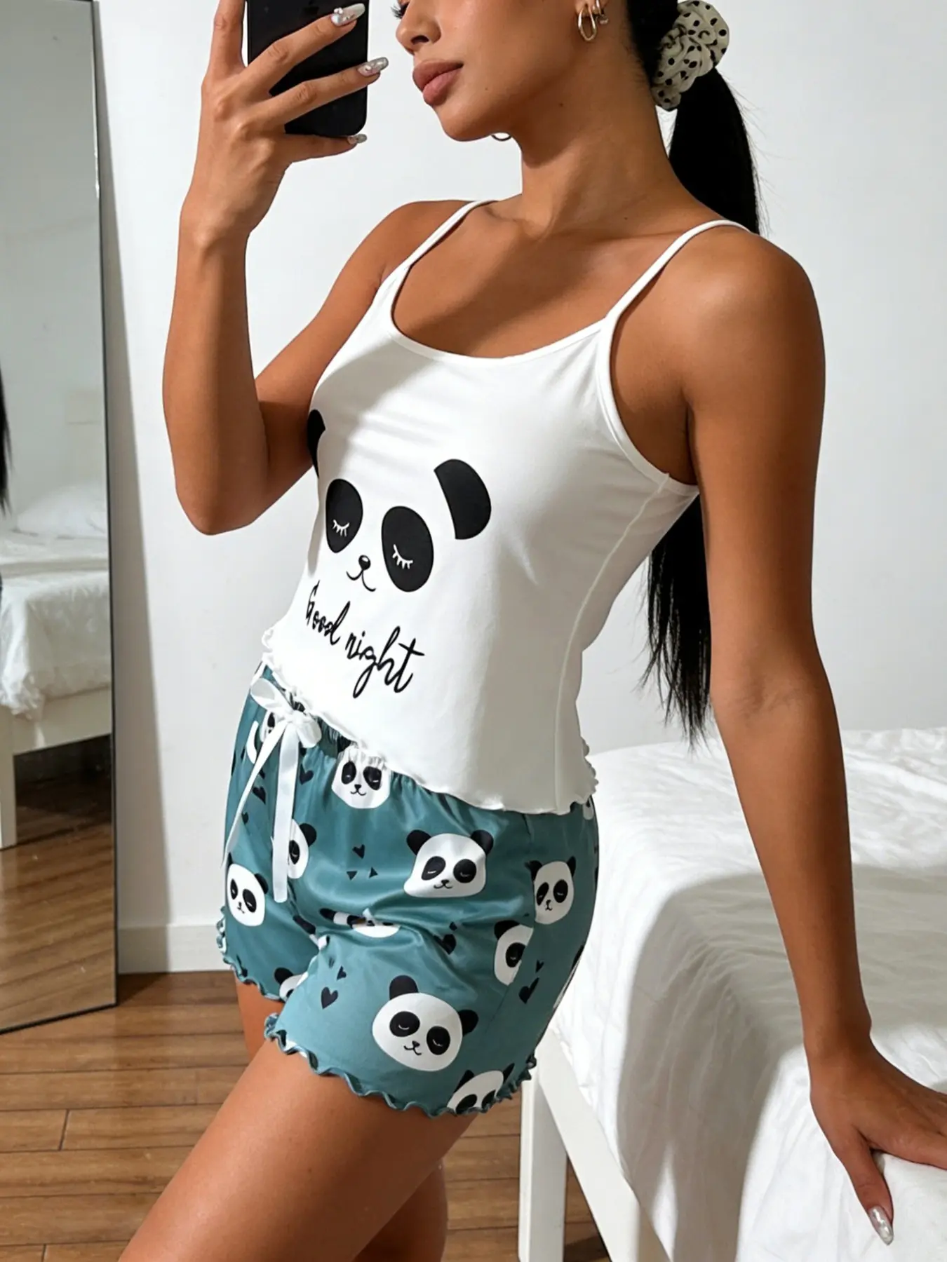 Panda Print Tank Top + Blue Heart Print Shorts Pajama Set Sleeveless Ruffle, Cute Comfortable Feminine Home Sleepwear Loungewear Pjs, Breathable Soft Fabric
