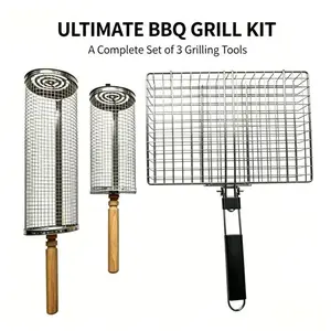 304 stainless steel barbecue grill three-piece set, portable outdoor grill, round rolling barbecue tube with wooden handle, BBQ meat barbecue cage, outdoor smoke barbecue smoker, portable rotating roller barbecue mesh three-piece set