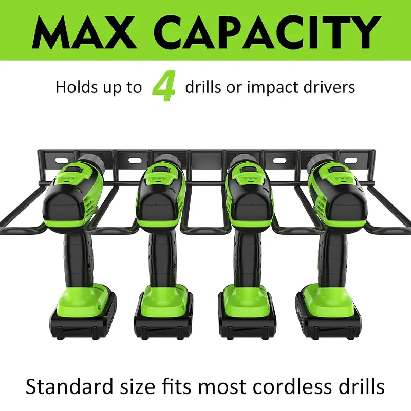 Heavy Duty Metal Wall Mount Drill Holder, 4 Slots Anti-Slip Cordless Power Tool Storage Rack, Pegboard Compatible Drill & Impact Driver Organizer Hanger, Space Saving Tool Storage Shelf for Garage & Workshop