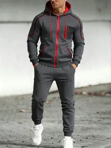 Men's Casual Set, Hooded Colorblock Zipper Design, Sportswear Two-Piece Slim Fit, Fall and Winter Fashion, Comfortable and Stylish, Streetwear Tracksuit Set, Athleisure Activewear Set, Sport Casual Outfit
