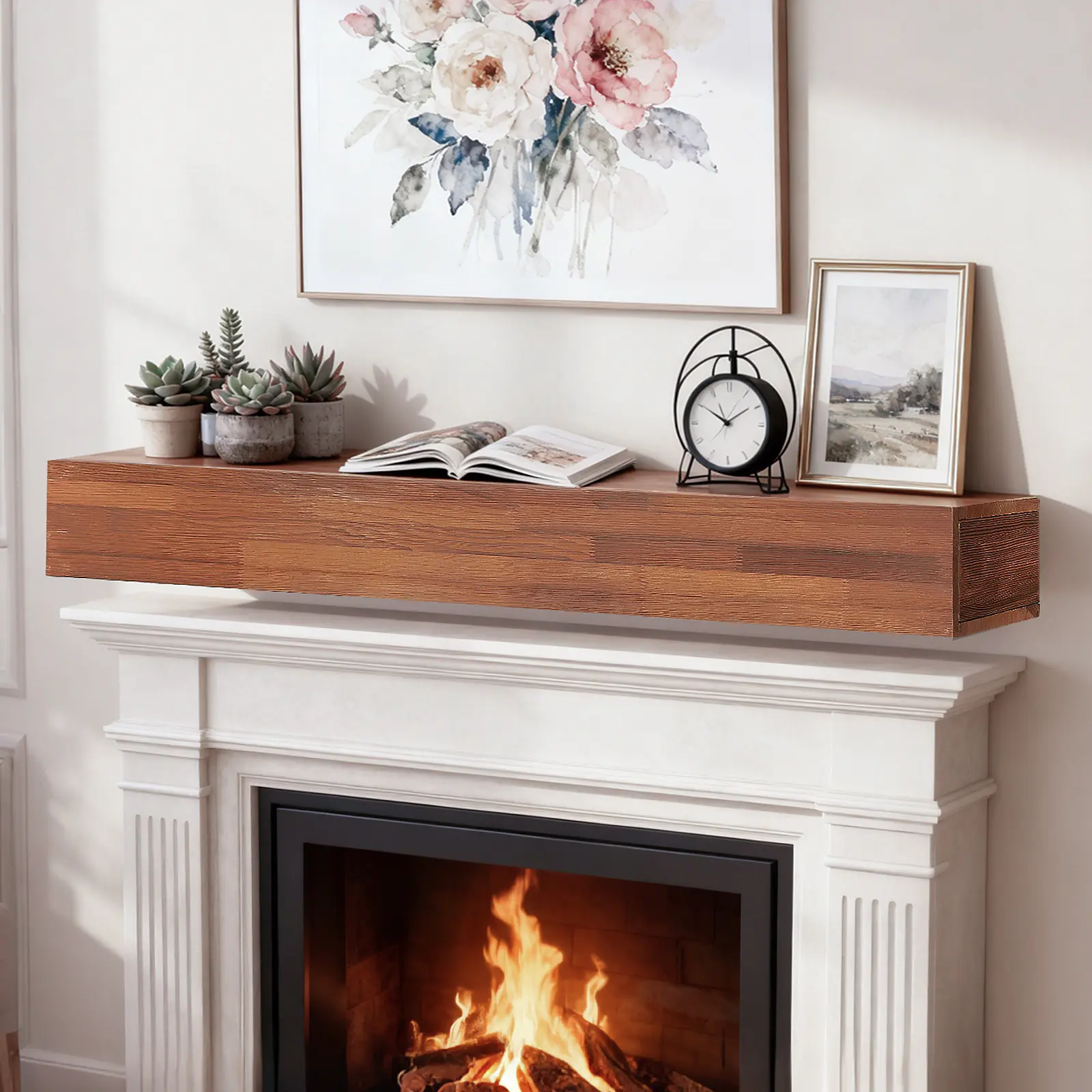 72 in Hollow Cedar Wood-Metal Floating Fireplace Mantel Shelf, Bracket-Mount Wall-Mounted, Brushed Finish, Classical Rustic Home & Kitchen Decor, Modern Waterproof, 50 lbs Weight Capacity, Durable