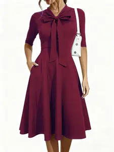 Women's Elegant Formal Chic Bow Neck Solid Color Midi Dress, Slim Fit Casual Office Party Evening Cocktail Dress with Pockets, European and American Style, Womenswear