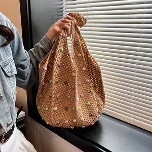 Knitted Handbag Women Japanese Style Handmade Crochet Tote Bag Hollow Out Large Capacity Casual Summer Beach Crossbody Shoulder Bag