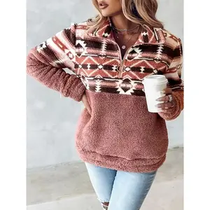 Geo Pattern Half Zipper Teddy Sweatshirt - Fashion Sweatshirts with Long Sleeves, Casual Style, Fall & Winter Essentials, Women's Clothing for Everyday Wear