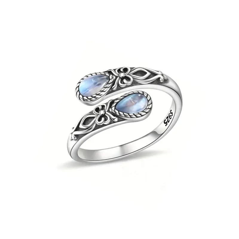 S925 Sterling Silver Moonstone Women's Adjustable Thumb Open Ring - Dainty Vintage Floral Engraved Band, Hypoallergenic Nickel-Free, Flower Detail Sizer Adjuster, Faith Thanksgiving Anniversary Gift for Daily, Party
