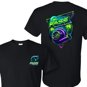 FSD Racing T-Shirt with 2 Sides Graphic, Neon Turbocharger and Palm Trees Back Print, FASS Diesel Fuel Systems Motorsports Logo Front, Soft Cotton Blend Streetwear, Automotive Lifestyle Apparel for Men and Women, TikTok Car Culture Gift