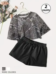 Women's Camo Print Crop Top & Elastic Waist Shorts Two-piece Set, Casual Fashion Breathable Two Piece Outfits for Daily Outdoor Wear, Ladies Clothes for All Seasons, 2 Piece Sets Women Womenswear