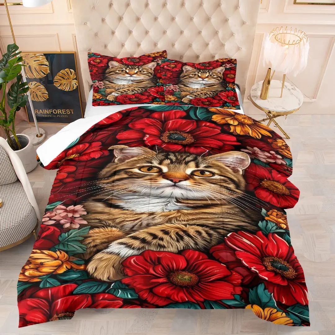 Floral cat pattern quilt, including 1 quilt and 1 or 2 core-free pillowcases, suitable for home or dormitory decoration, very suitable as a moving gift