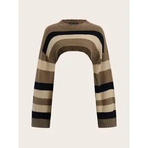 Striped drop-shoulder super cropped Y2K grunge sweater (without cami), long-sleeve top for fall/winter
