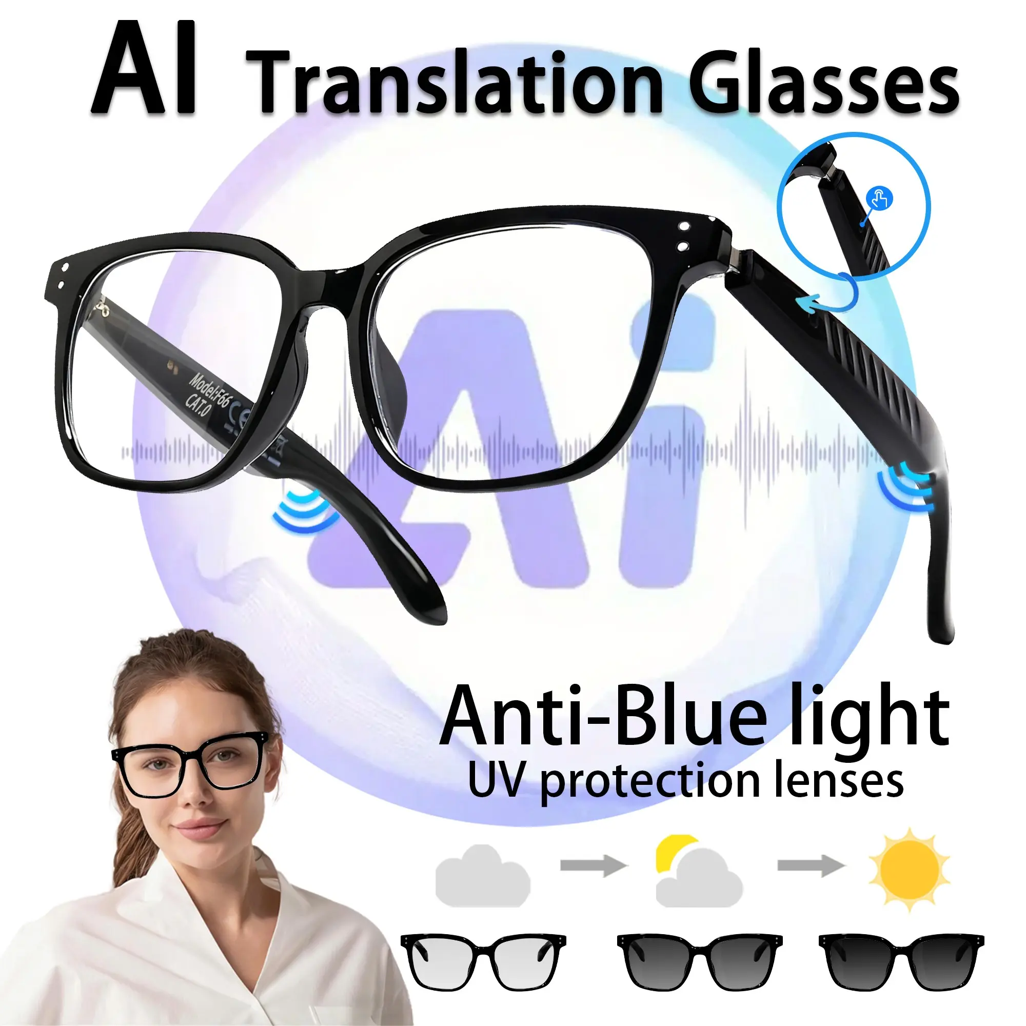 Smart Wireless Audio Glasses with Translation, Open Ear Speakers, Voice Assistant, Music/call Support, Work Tray Travel Sightseeing Wearable Eyewear
