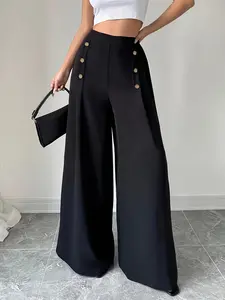 Women's Solid Color Button Decor Wide Leg Pants, Basic Casual Comfy Trousers for Work Office Business, Ladies Casual Fitted Bottoms for All Seasons