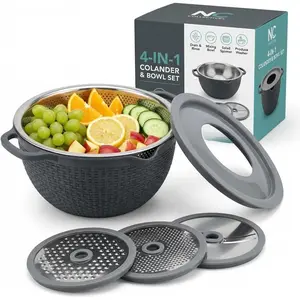4-1 Colander with Bowl Set - Pasta Strainer - Colander for Kitchen - Strainers and Colanders Rice Strainer Fruit Cleaner Veggie Wash Sink Strainer Kitchen Essentials
