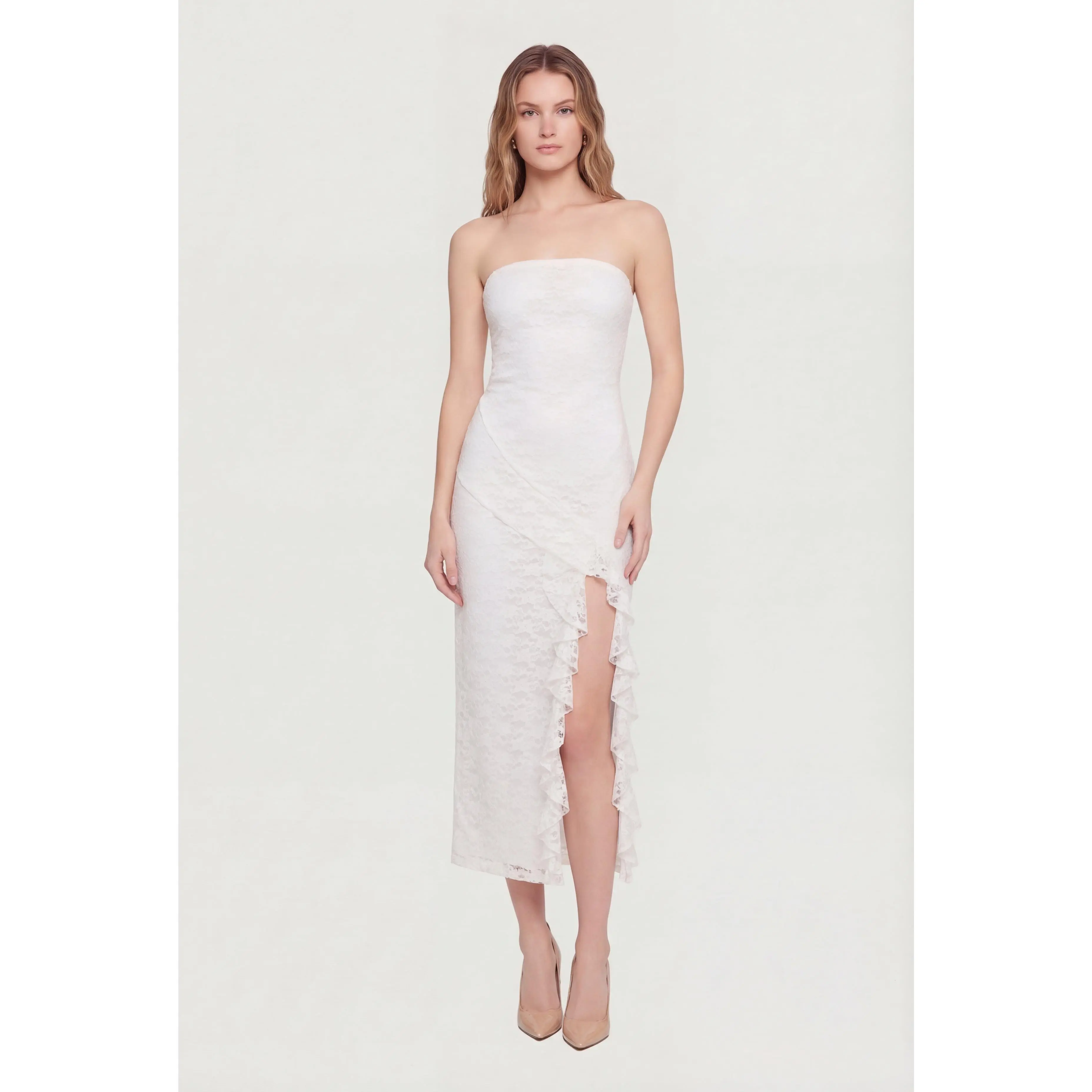 Ruffle Trim Side Slit Lace Overlay Midi Dress