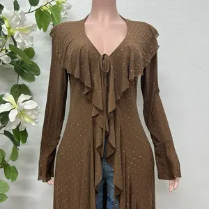 Coffee Brown Semi-Sheer Cardigan Adorned with Rhinestones and Ruffled Outlining
