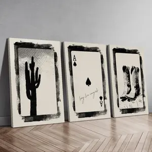 Long Live The West Canvas Wood Framed Poster - 3pcs, Black And Beige, Ace Of Spades, Cactus, Vintage Sketch Painting, Home Room Decor Wall Art with Frame