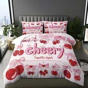 Vibrant Cherry Print Duvet Cover Set, Includes 1/2 Pillowcase, Soft Lightweight Comfortable Bedding Set, Kids' and Teenager Bedroom Decor, Creative Home Bedroom Bed Decoration