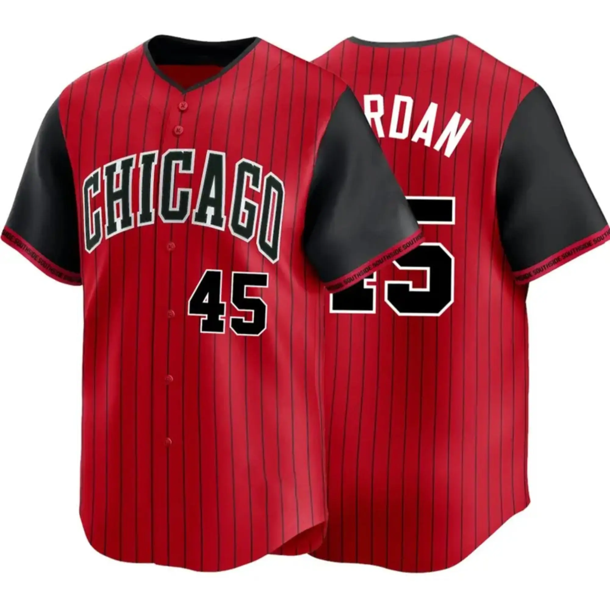 Chi.cago Baseball Jersey #45, Red Pinstripe Button Up Jersey, Black Sleeve Sports Shirt, Baseball Fan Apparel