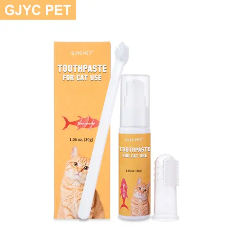GJYC PET Cat 3-Piece Oral Care Dental Kit - Tasty Tuna Toothpaste, Toothbrush, Fingerbrush for Mouth Cleaning, Bad Breath Relief