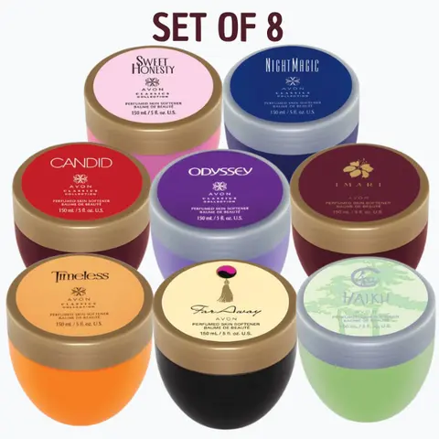 Avon Skin Softener Set of 8 - Sweet Honesty, Night Magic, Candid, Odyssey, Imari, Timeless, Far Away, Haiku - Moisturizing Collection. Perfumed Floral Skin Softener SetPerfumed Floral Skin Softener Set.