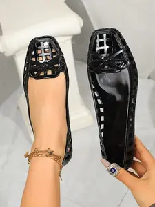 Women's Jelly Checkered Braided Ballet Flat Shoes, Bow Slip-On Sandals, Retro Summer & Vacation Footwear, Casual PU Leather PVC Sole