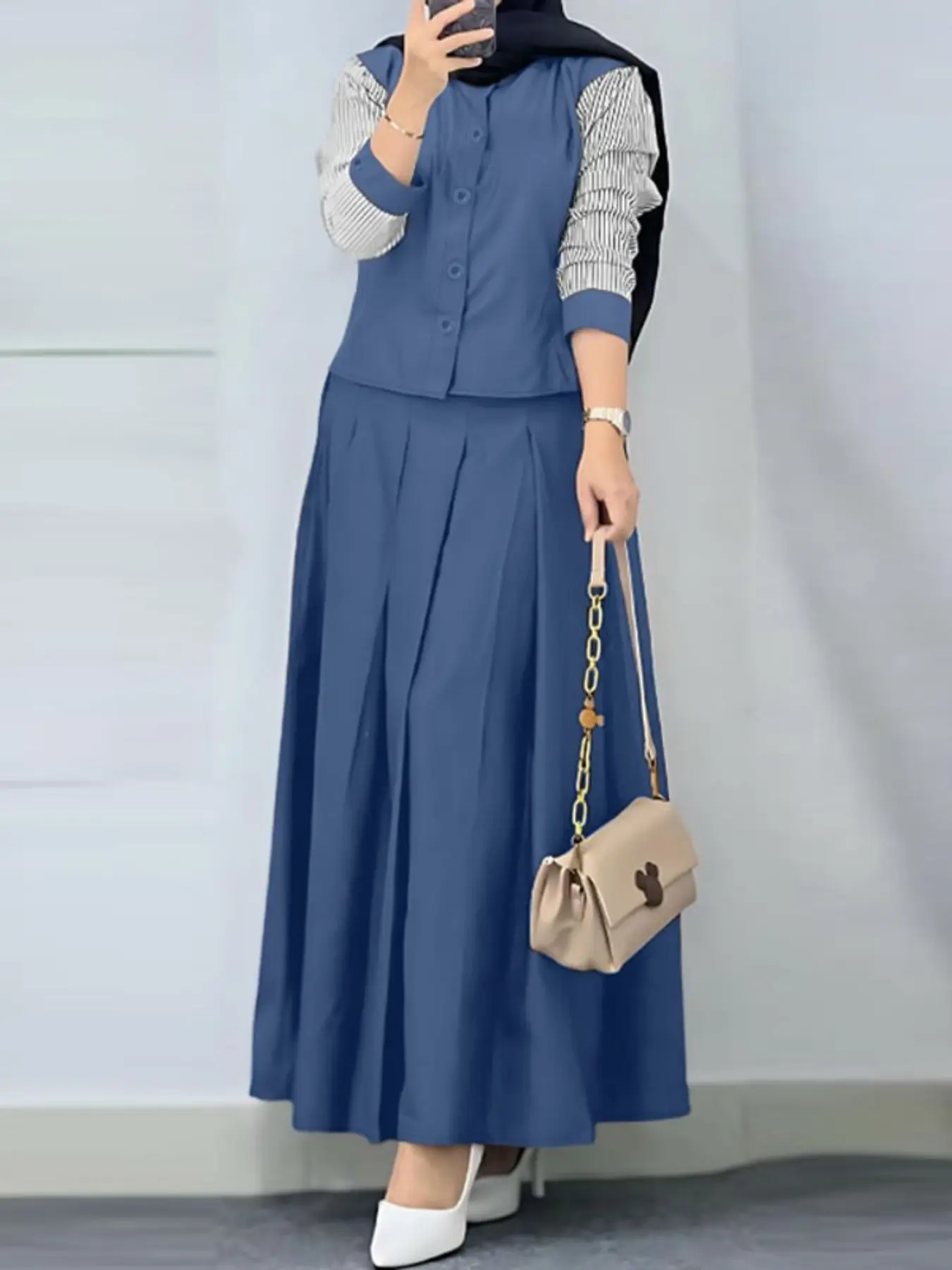 Women's Commuter Two-Piece Set, Striped Patchwork Top and Pleated Skirt, Fashion Casual, Clothing Set, Fashion Style Sets, Stylish Two-Piece Suit, Outfit Sets Women