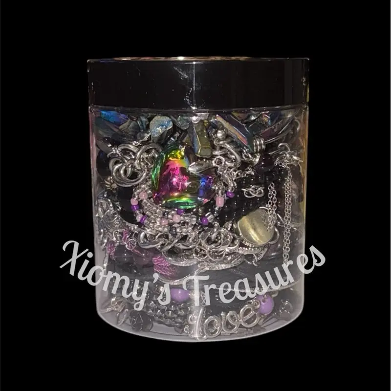 Xiomys Clear Plastic Jewelry Organizer Jar with Lid for Storage and Display Featuring Necklaces Bracelets Bangles Earrings Rings in Mixed Metal Tones