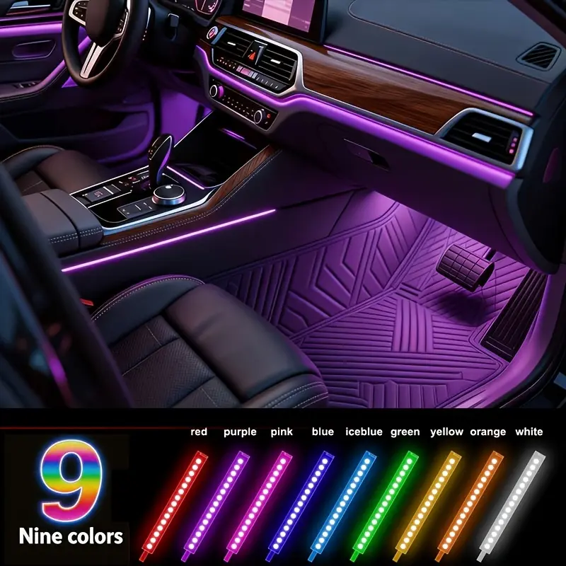 RGB Car Interior Bluetooth USB Light Strip with Wireless Remote And APP Control, 4pcs Dashboard Foot Mood Light Kit, Music Mode, Suitable for Vehicle Interior, SUV, Truck