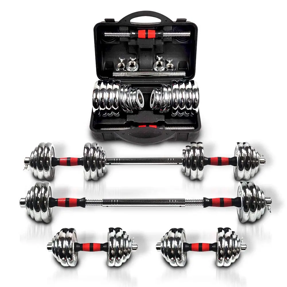 44Lbs Adjustable Dumbbell Set with 3 in 1 Barbell Rod Chrome Weights Hardcover Gift Box Premium Home Gym Equipment Heavy Duty Portable Training Free Weights